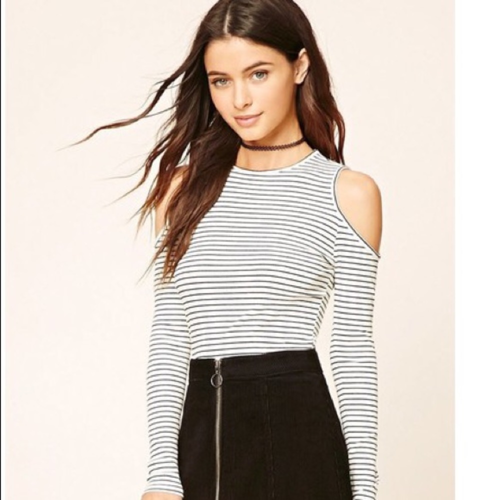 Striped Open Shoulder Long Sleeve Top (Size S)